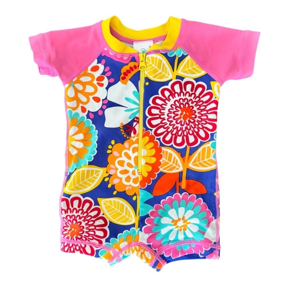 Hanna Andersson Pink Blue Tropical Floral Rashguard Swimsuit 0-6 Months (50cm)